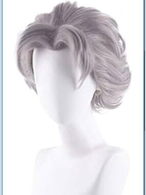 Short Wavy Cosplay Wig, Silver Gray, Synthetic Hair, Layered Style with Curls